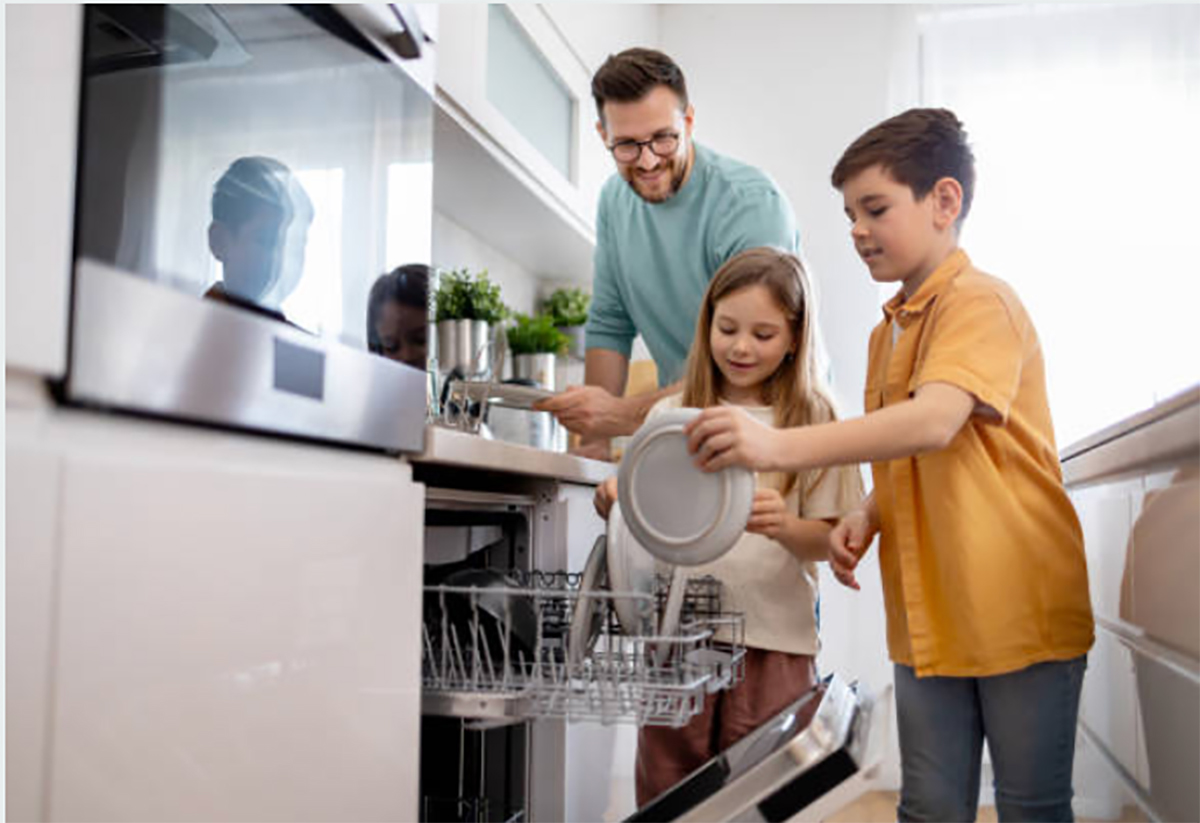 familia en la cocina de un apartamento vacacional